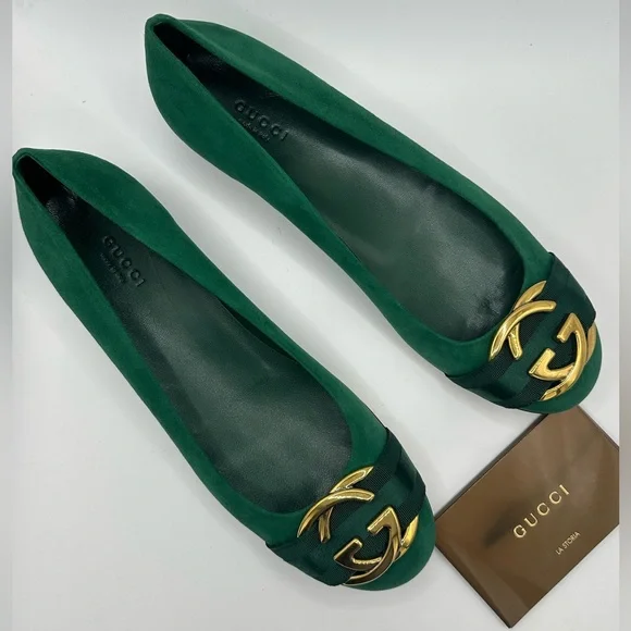 NEW Gucci Emerald Green Flats with Gold Detail WITH BOX AND DUSTBAGS - Picture 4 of 11
